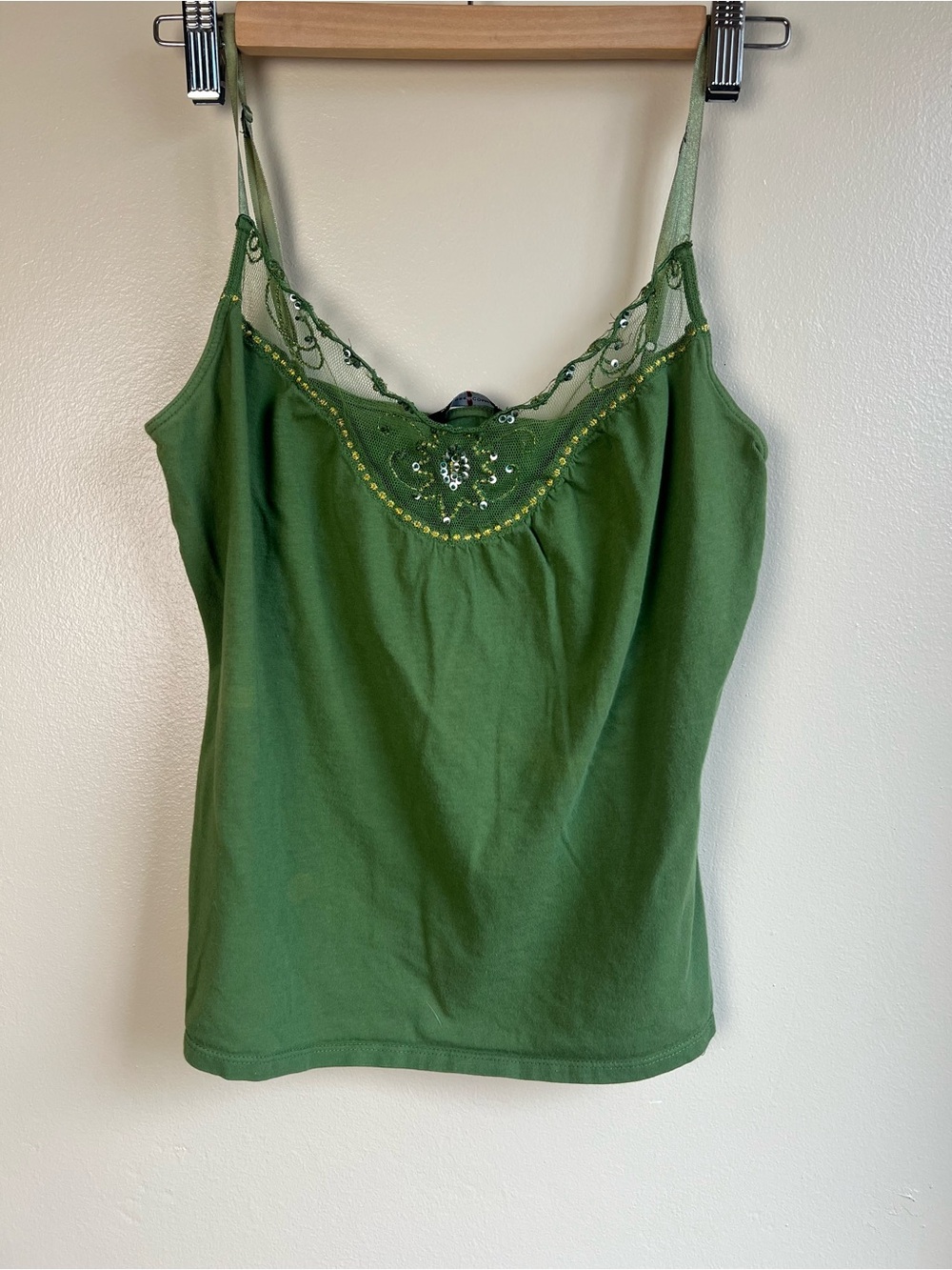 New York & Company Y2K Green Embroidered Sequin Mesh Cropped Cami Tank Top